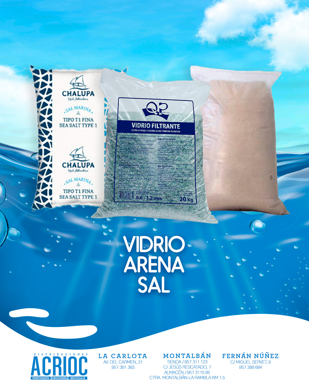 Arena, vidrio y sal para piscinas