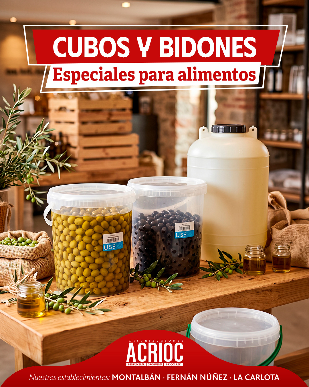 Cubos, bidones y tarros para conservar aceitunas