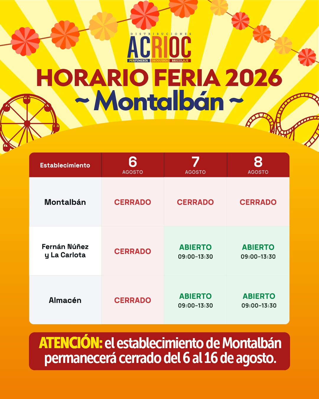 Horario especial Feria de Montalbán 2026