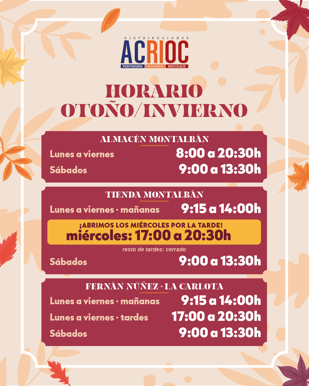 Nuevo horario Otoño/Invierno